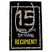 15e verjaardag: Floral Flowers Number, Custom Name Medium Cadeauzakje (Voorkant)