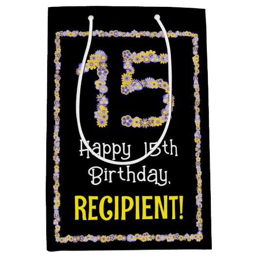 15e verjaardag: Floral Flowers Number, Custom Name Medium Cadeauzakje (Voorkant)
