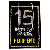 15e verjaardag: Floral Flowers Number, Custom Name Medium Cadeauzakje (Achterkant)