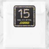 15e verjaardag: Floral Flowers Number, Custom Name Vierkante Sticker (Tas)
