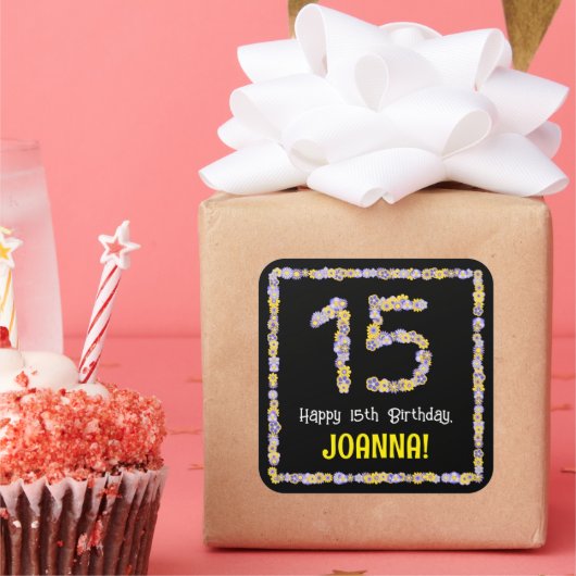 15e verjaardag: Floral Flowers Number, Custom Name Vierkante Sticker (Feest)