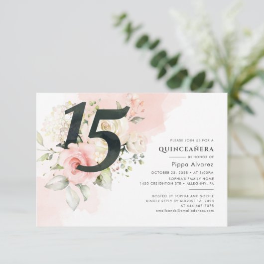 15e verjaardag Floral Pink Quinceanera Botanisch Kaart (Staand voorkant)