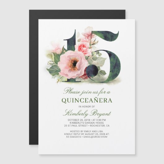 15e verjaardag Floral Quinceanera Magnetische Uitnodiging (Voorkant / Achterkant)