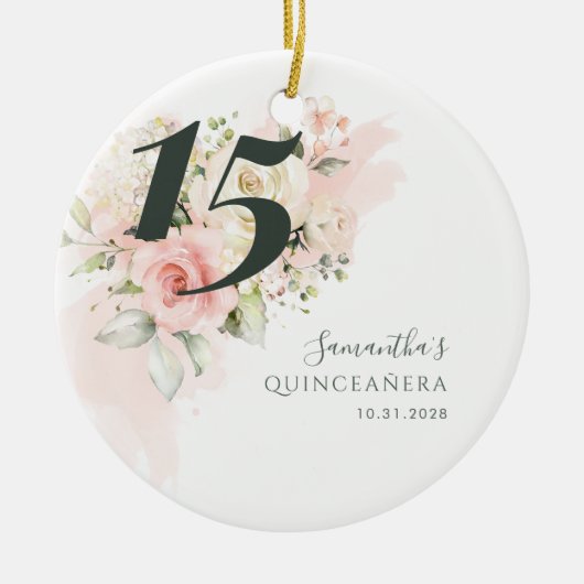 15e verjaardag Floral Quincenera Party Keramisch Ornament (Voorkant)