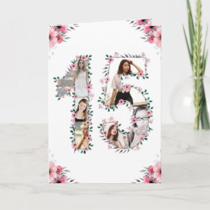 15e verjaardag Foto Collage Girl Pink Flower White Kaart