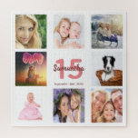 15e verjaardag foto collage meisje wit legpuzzel<br><div class="desc">A gift for a girl's 15th birthday,  celebrating her life with a collage of 8 of your. Templates for a name,  age 15 and a date. Datum of birth of the date of the verjaarary. Coral and burgundy colored letters. White background.</div>