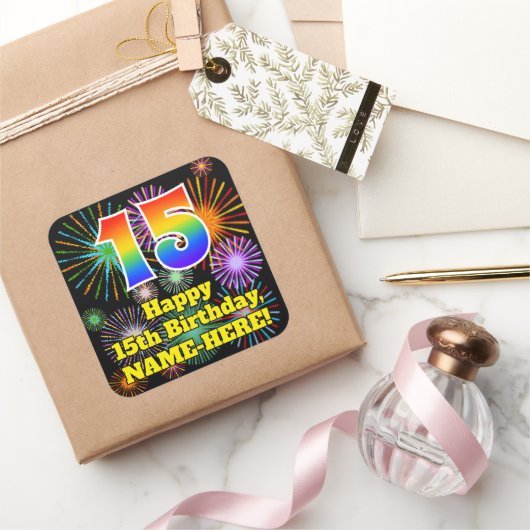 15e verjaardag: Fun Fireworks Kijk, regenboog # 15 Vierkante Sticker (Geschenken)