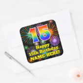 15e verjaardag: Fun Fireworks Kijk, regenboog # 15 Vierkante Sticker (Envelop)