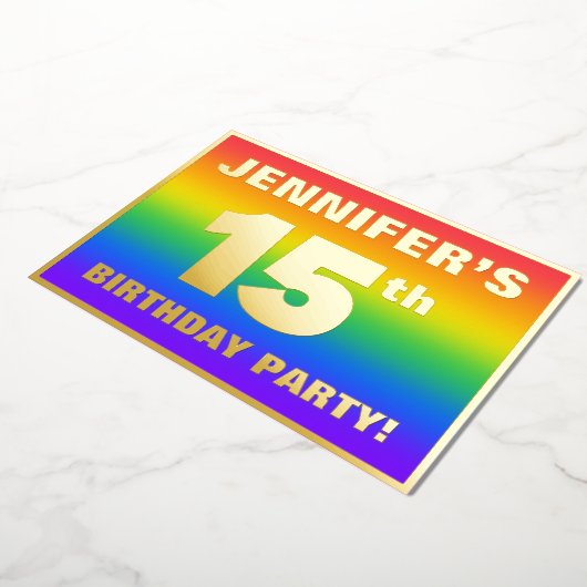 15e verjaardag: Fun, kleurrijk regenboogpatroon Folie Uitnodiging (Gedraaid)