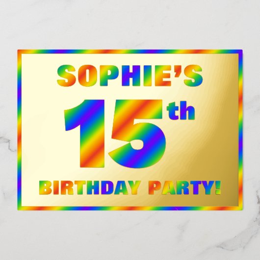 15e verjaardag - Fun, regenboogspectrum "15" Folie Uitnodiging (Voorkant)