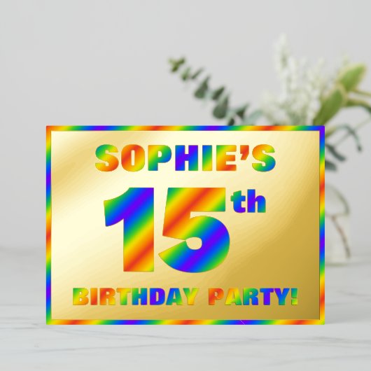 15e verjaardag - Fun, regenboogspectrum "15" Folie Uitnodiging (Staand Voorkant)