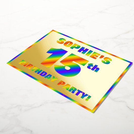 15e verjaardag - Fun, regenboogspectrum "15" Folie Uitnodiging (Gedraaid)