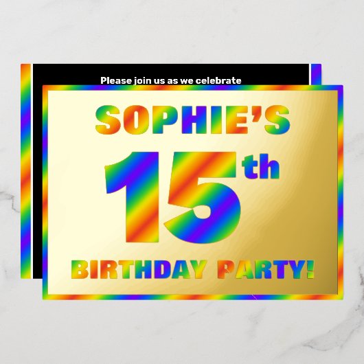 15e verjaardag - Fun, regenboogspectrum "15" Folie Uitnodiging (Voorkant / Achterkant)