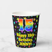 15e verjaardag: Fun Stars Pattern en Rainbow 15 Papieren Bekers (Voorkant)