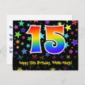 15e verjaardag: Fun Stars Pattern, Rainbow 15, Naa Briefkaart (Voorkant / Achterkant)