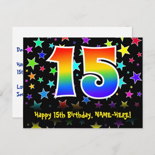 15e verjaardag: Fun Stars Pattern, Rainbow 15, Naa Briefkaart (Voorkant / Achterkant)