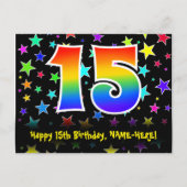 15e verjaardag: Fun Stars Pattern, Rainbow 15, Naa Briefkaart (Voorkant)