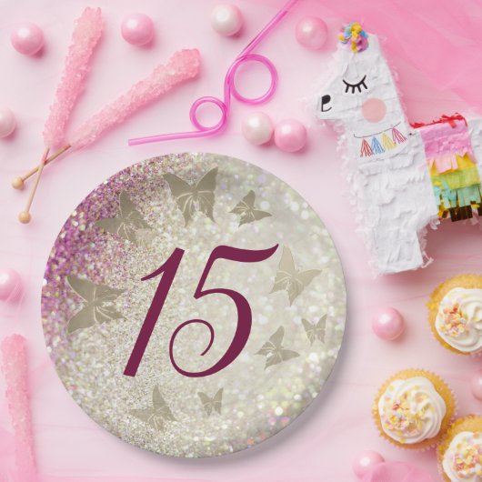 15e verjaardag Glitter Pink Papieren Bordje (Feest)