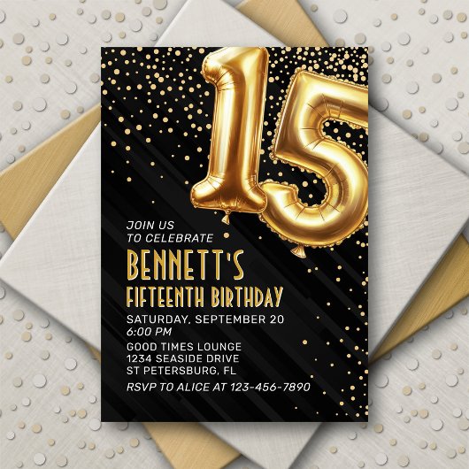15e verjaardag Gold Black Invitation Kaart