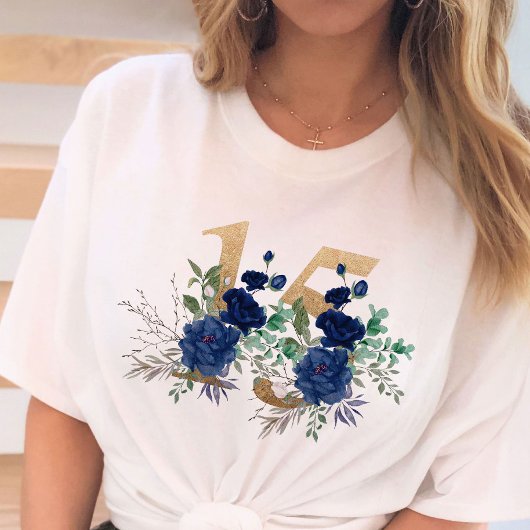 15e verjaardag Goud Bloemen Nummer 15 Blauw Roos T-shirt