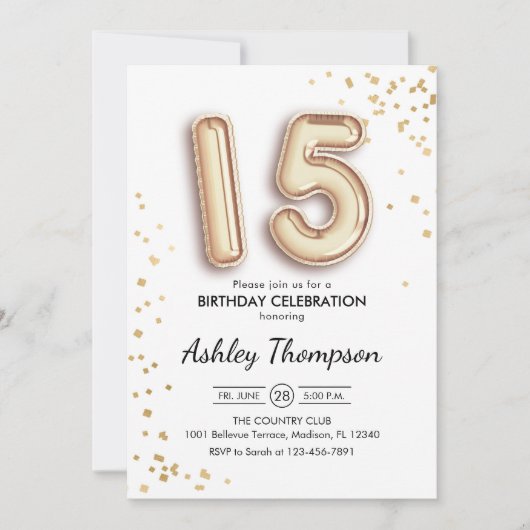 15e verjaardag - Gouden ballonnen Kaart (Voorkant)