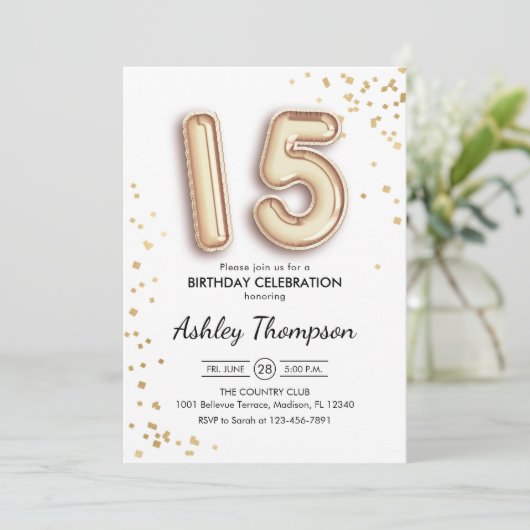 15e verjaardag - Gouden ballonnen Kaart (Staand voorkant)