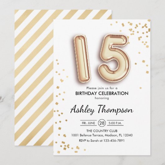 15e verjaardag - Gouden ballonnen Kaart (Voorkant / Achterkant)