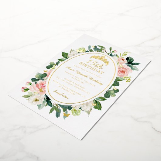 15e Verjaardag Gouden Roze Vlinder Bloemen Folie Uitnodiging (Gedraaid)