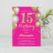 15e verjaardag Hot Pink en Gold Balloons Confetti Kaart (Staand voorkant)