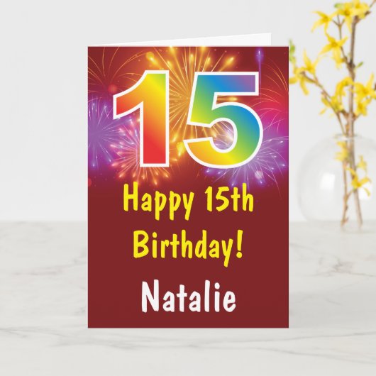 15e verjaardag Kleurrijk Regenboog Vuurwerk Rood Kaart (Gele Bloem)