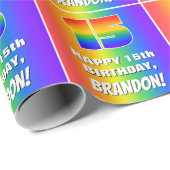 15e verjaardag: kleurrijk, vun regenboogpatroon #  cadeaupapier (Rol Hoek)