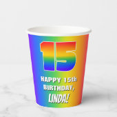 15e verjaardag: kleurrijk, vun regenboogpatroon #  papieren bekers (Achterkant)