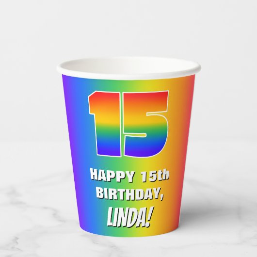 15e verjaardag: kleurrijk, vun regenboogpatroon # papieren bekers (Achterkant)