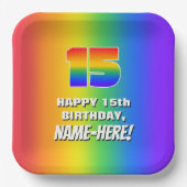 15e verjaardag: kleurrijk, vun regenboogpatroon # papieren bordje (Voorkant)