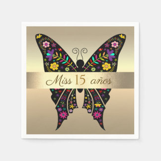15e verjaardag, kleurrijke vlinder gouden folie servet