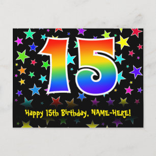 15e verjaardag: leuk sterrenpatroon, regenboog 15, briefkaart