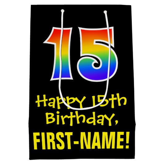 15e verjaardag: leuk, vet, kleurrijk, regenboog "1 medium cadeauzakje (Achterkant)