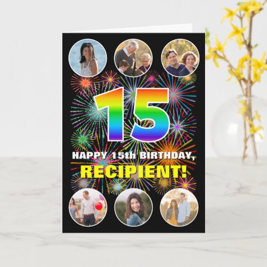 15e verjaardag: Leuke regenboog #, aangepaste naam Kaart (Gele Bloem)