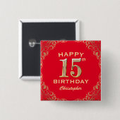15e verjaardag Lijst van de Rode en de Gouden Glit Vierkante Button 5,1 Cm (Voorkant /achterkant)