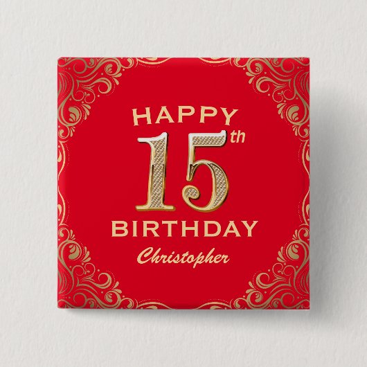 15e verjaardag Lijst van de Rode en de Gouden Glit Vierkante Button 5,1 Cm (Voorkant)