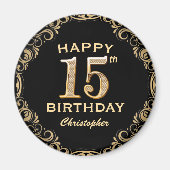 15e verjaardag Lijst voor zwarte en goudglitter Magneet (Voorkant)