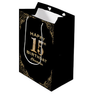 15e verjaardag Lijst voor zwarte en goudglitter Medium Cadeauzakje