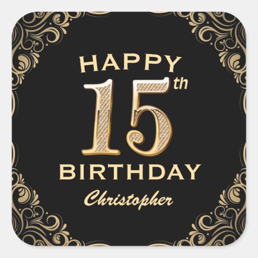 15e verjaardag Lijst voor zwarte en goudglitter Vierkante Sticker (Voorkant)