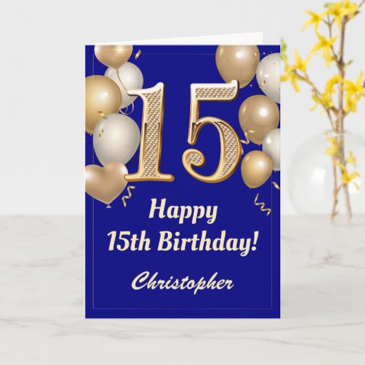 15e verjaardag marineblauw en gouden ballonnen Con Kaart (Gele Bloem)