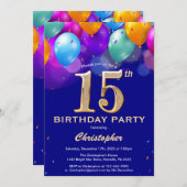 15e verjaardag marineblauw en goudkleurige ballonn kaart (Voorkant / Achterkant)