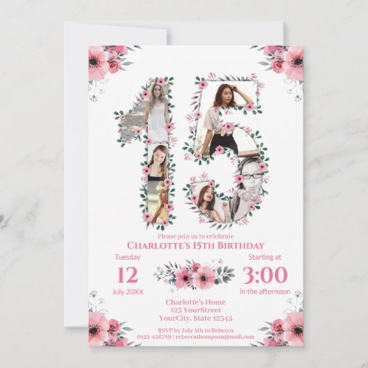 15e verjaardag meisje Foto collage roze bloem wit Kaart (Voorkant)
