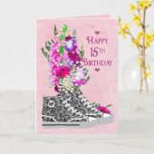 15e verjaardag, meisjes, Fancy Sneakers zwart/wit Kaart (Gele Bloem)