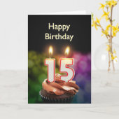 15e verjaardag met cake en kaarsen kaart (Gele Bloem)