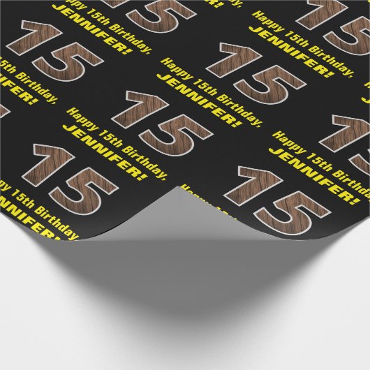 15e verjaardag: Naam & Faux Wood Grain Patroon "15 Cadeaupapier (Hoek)