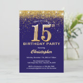 15e verjaardag Navy Blue en Gold Glitter Confetti Kaart (Staand voorkant)